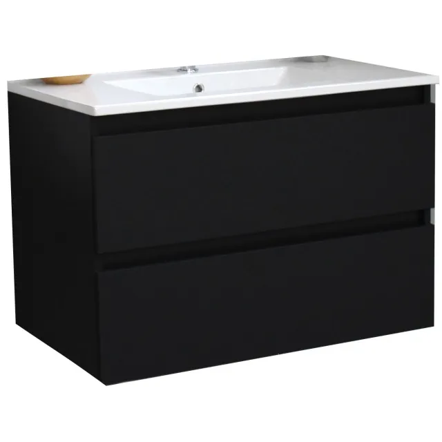 Boss & Wessing Badkamermeubel BWS Pepper Wastafel Porselein Met Kraangat 80x55x46 cm Mat Zwart