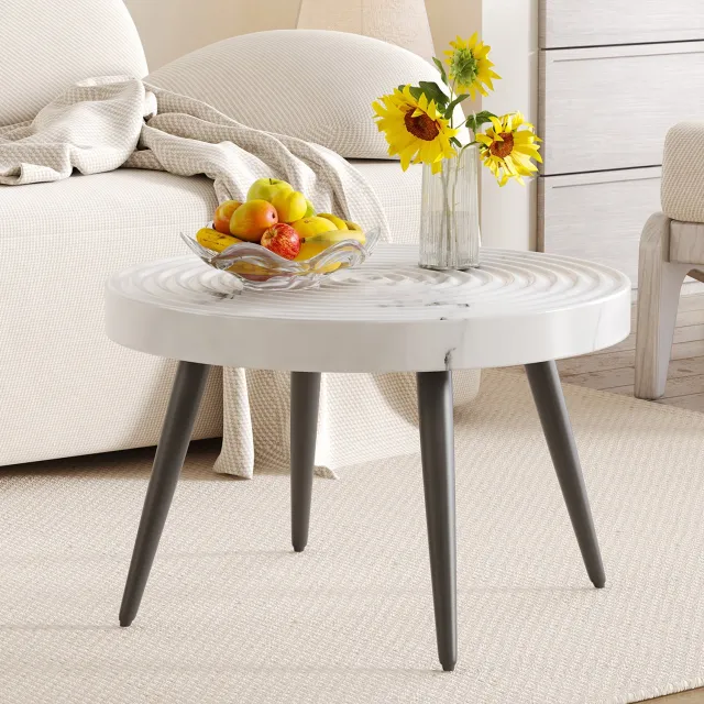 HAUSS SPOLE Bijzettafel - Ronde Marmerlook Met Verstelbare Voetjes - Voor Woonkamer En Kleine Ruimtes - MDF En Metaal - 60x60x37 Cm - Wit