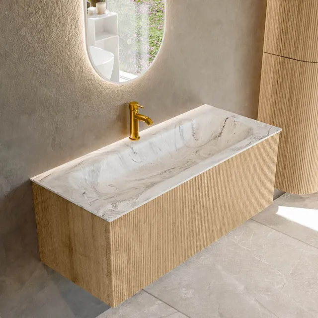 Mondiaz KURVE-DLUX 110 cm Onderkast Greeploos 1 Lade Zonder Deuren Oak, Wastafel Solid Surface Volledig Glace 1 Kraangat Zonder Spiegel (KRVBGM1101L0D1KM-Oak/Gla)