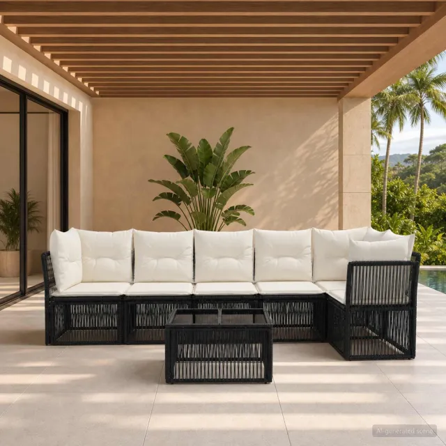 vidaXL Tuinbankenset 7 st 6-zits Zwart poly rattan