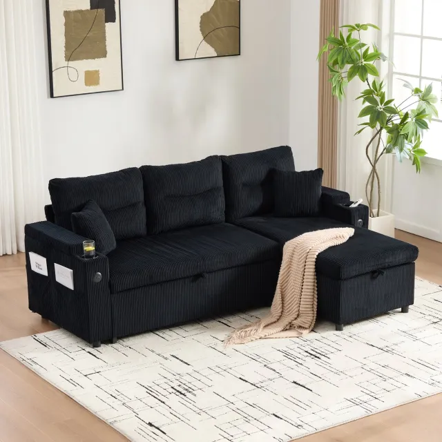 Wishdor 3-zits slaapbank - Uitschuifbaar tweepersoonsbed en USB-C - Chaiselongue met opbergruimte - Modern design - Woonkamer kantoor lounge - Ribfluweel - Zwart - 212,5 x 136 x 86 cm