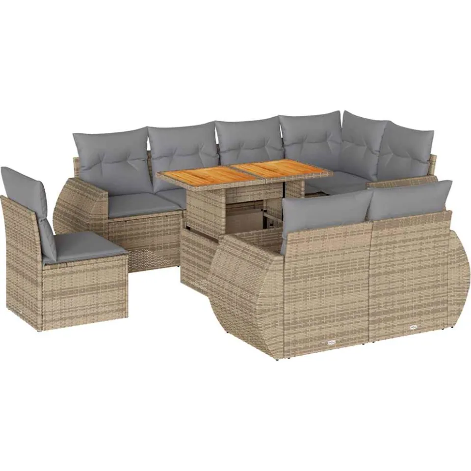 vidaXL 9-delige Loungeset met kussens poly rattan beige, foto 3