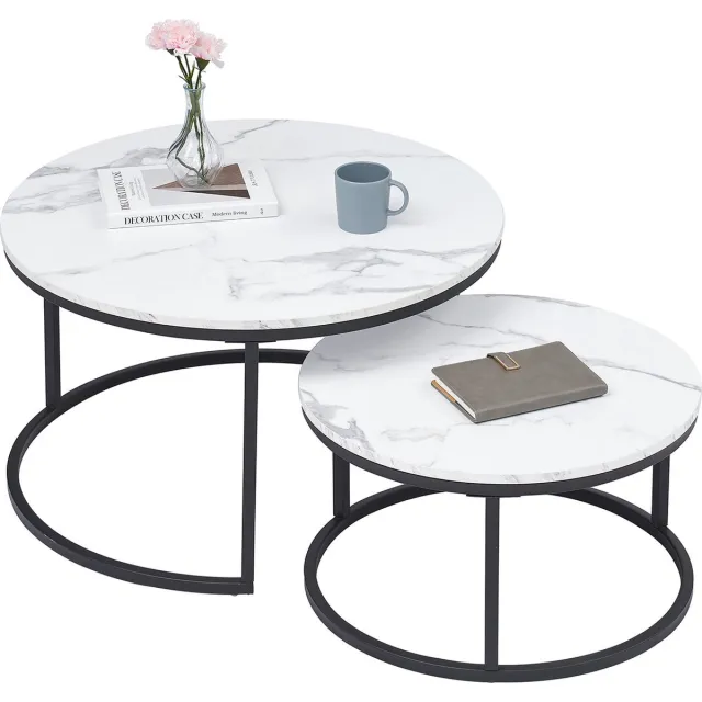 Bolt Edge Luxe Salontafel - Wit - Marmerlook - Set van 2 - Rond - Zwart frame