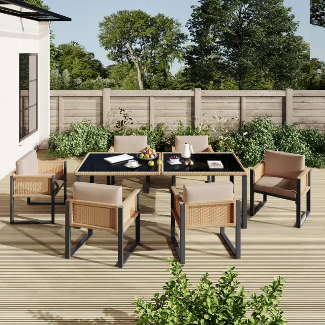 MODFU Tuinset - Met Gehard Glazen Tafelblad En Verstelbare Poten - Voor Buiten - PE-Rattan - Zwart En Bruin - 7-Delig Zwart, Bruin
