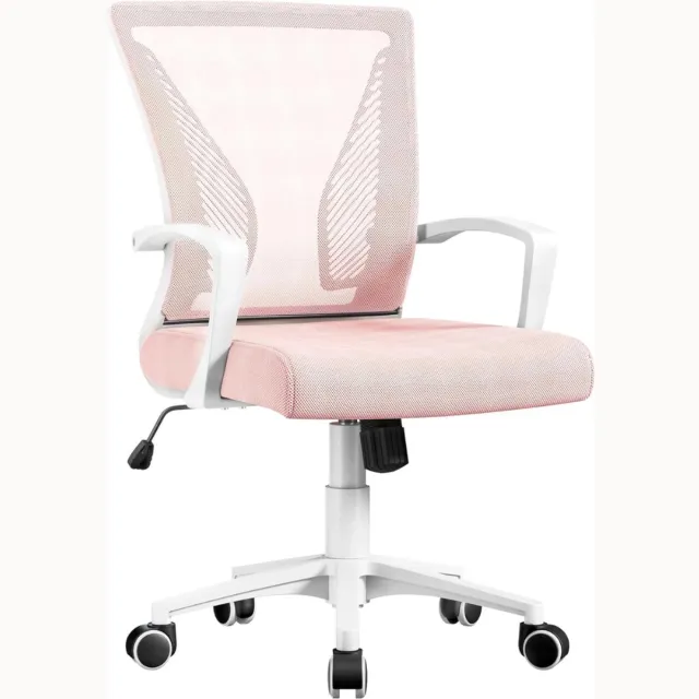 Yaheetech bureaustoel Ergonomisch, bureaustoel met netbekleding, werkstoel met armleuningen, directiestoel van mesh, in hoogte verstelbare computerstoel 136 kg, ademend, schommelfunctie Roze
