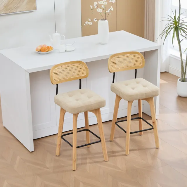 Wishdor Barkrukken set van 2 - 360° draaibaar met rotan rugleuning - Gewatteerde chenille zitting en metalen voetensteun - Retro en modern - Keukeneiland en ontbijtbar - Khaki - 44 x 51 x 96 cm