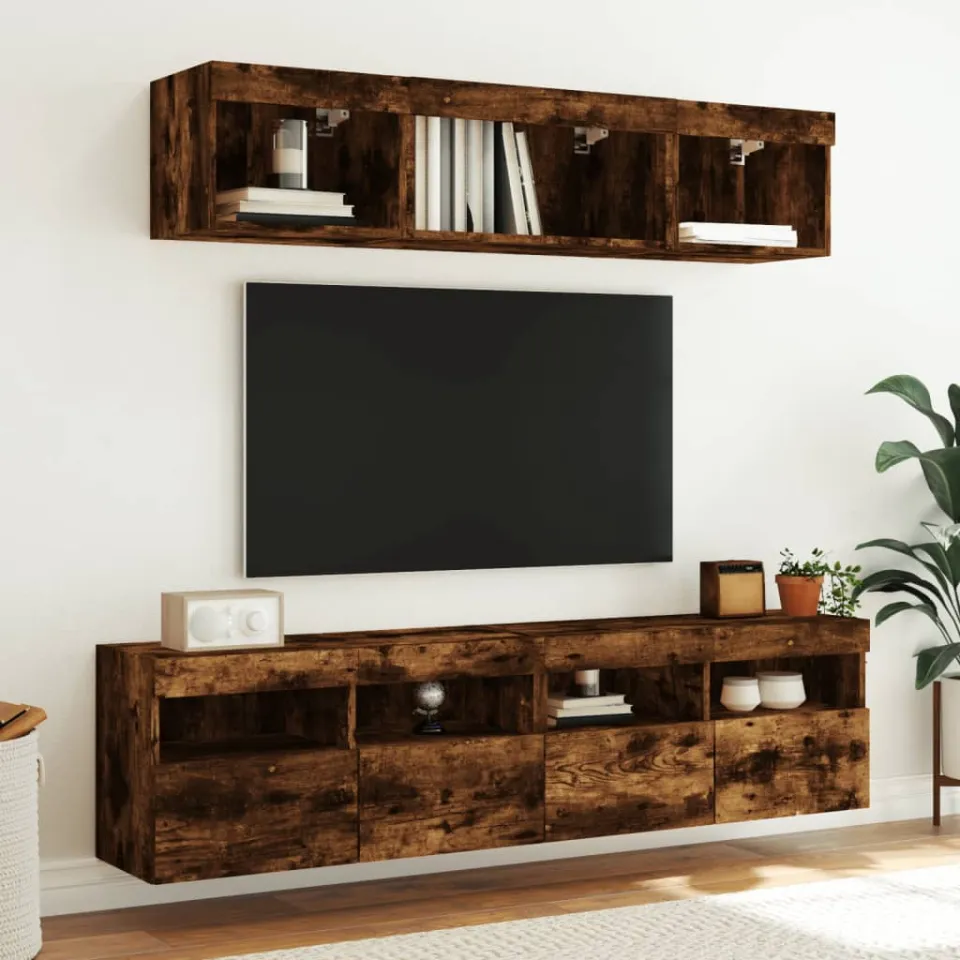 vidaXL 5-delige tv-wandmeubelset met LED bewerkt hout gerookt eiken, foto 3