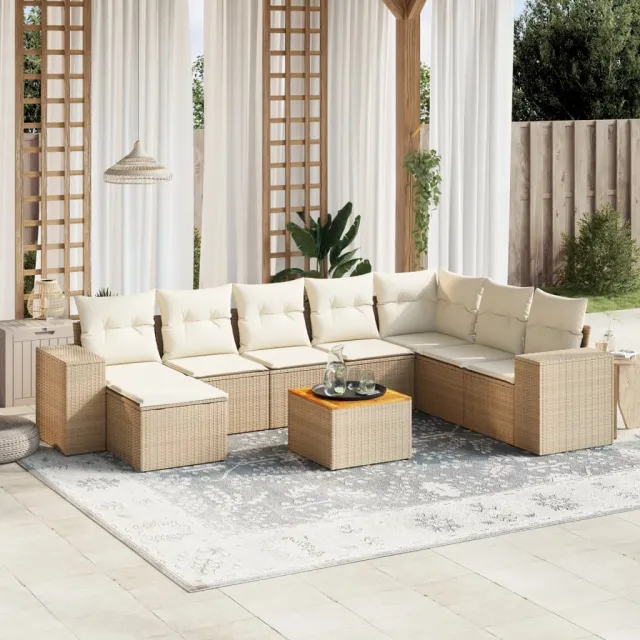 vidaXL 9-delige Loungeset met kussens poly rattan beige, foto 2
