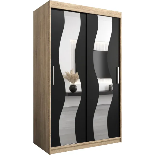 InspireME Kledingkast met 2 schuifdeuren, Modern-stijl, Een kledingkast met planken en een spiegel (BxHxD): 120x200x62 - REESE 120 Sonoma Eik + Zwart Mat