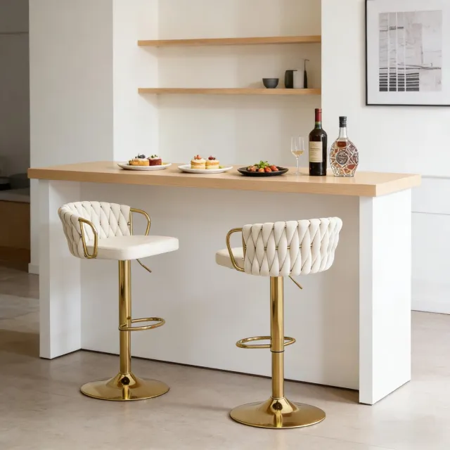 DESMIU Barstoel Set Van 2 – Verstelbare Hoogte En 360° Draaibaar – Voor Keuken, Eiland En Bar – Velvet – Cream White Crèmewit