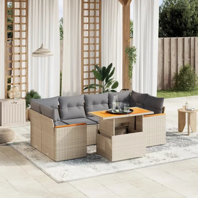 vidaXL 7-delige Loungeset met kussens poly rattan beige, foto 2