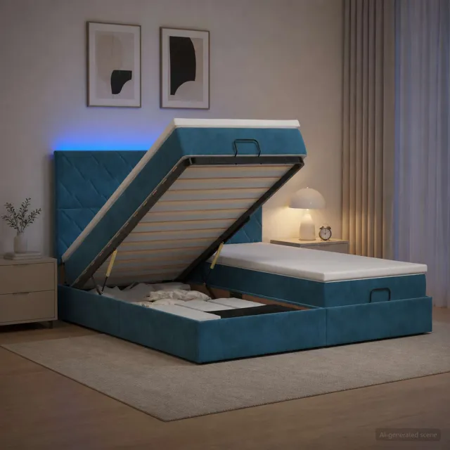 vidaXL Ottoman Bed met Matrassen en LED Donkerblauw 200 x 200 cm