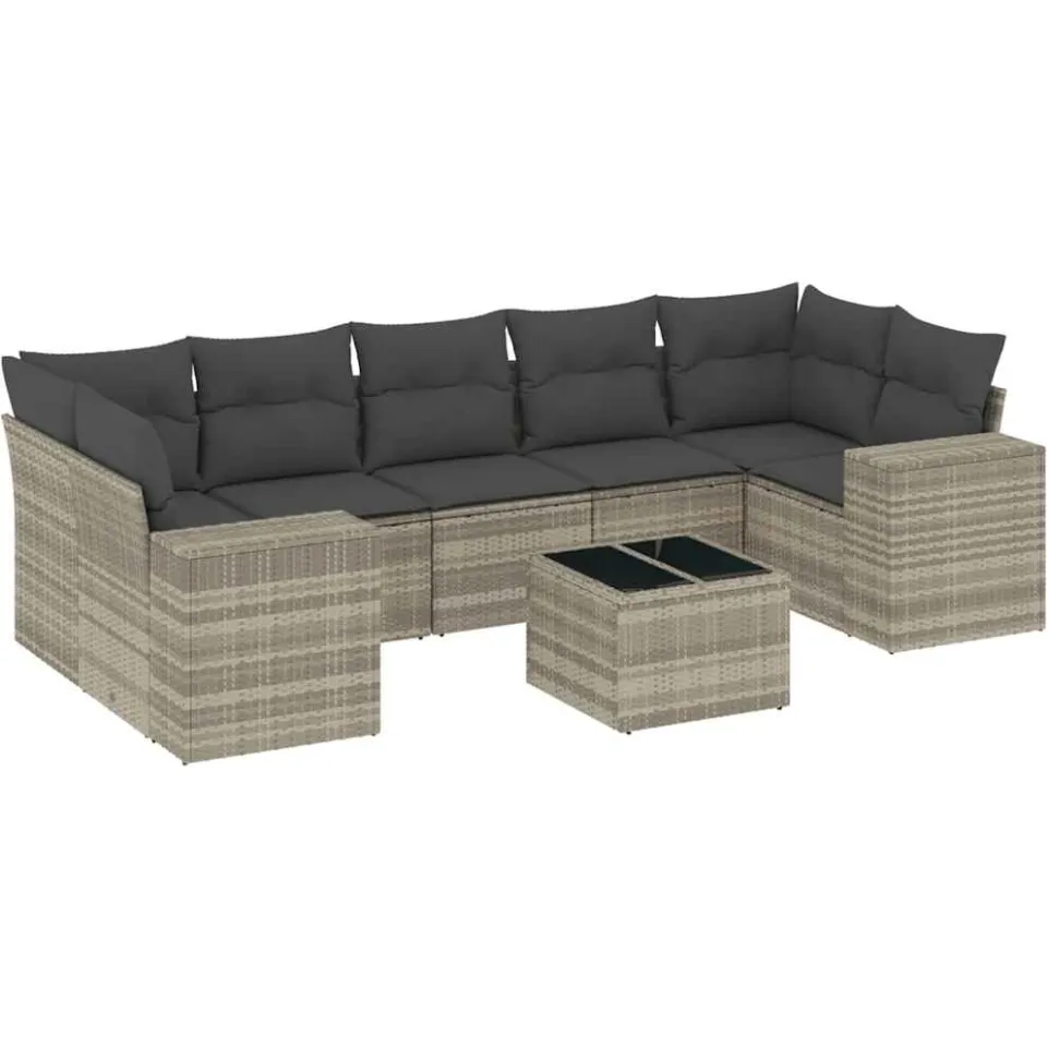 vidaXL 8-delige Loungeset met kussens poly rattan lichtgrijs grijs