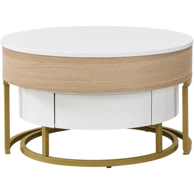 Happiq Ronde Inklapbare Salontafel Set van 2 - Hoogte Verstelbaar, Opklapbaar Blad, Lade en Verborgen - Hout Metaal - Zwart en Houtkleur Natuurlijk Bruin Brown