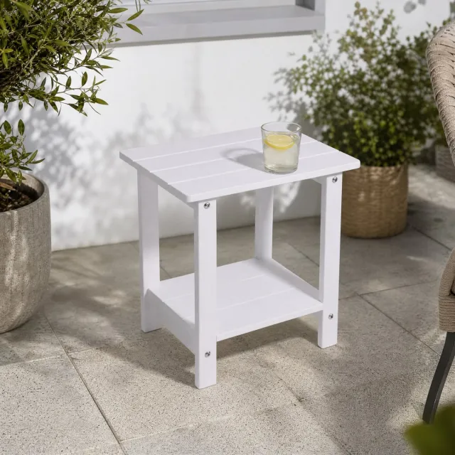 AIMASON Bijzettafel tuin 2-laags - witte HIPS kunststof houtlook salontafel en balkontafel voor terras, veranda en loungehoek, weerbestendig en onderhoudsarm buitenmeubel met extra opbergruimte, compact design en outdoor living, 41 x 32 x 42,5 cm