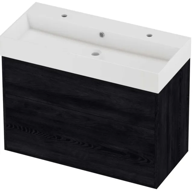 Proline Zara Badmeubelset Porselein Loft 2 Kraangaten Voor Grepen 100x46x78 cm Glans Wit Black Oak Eiken
