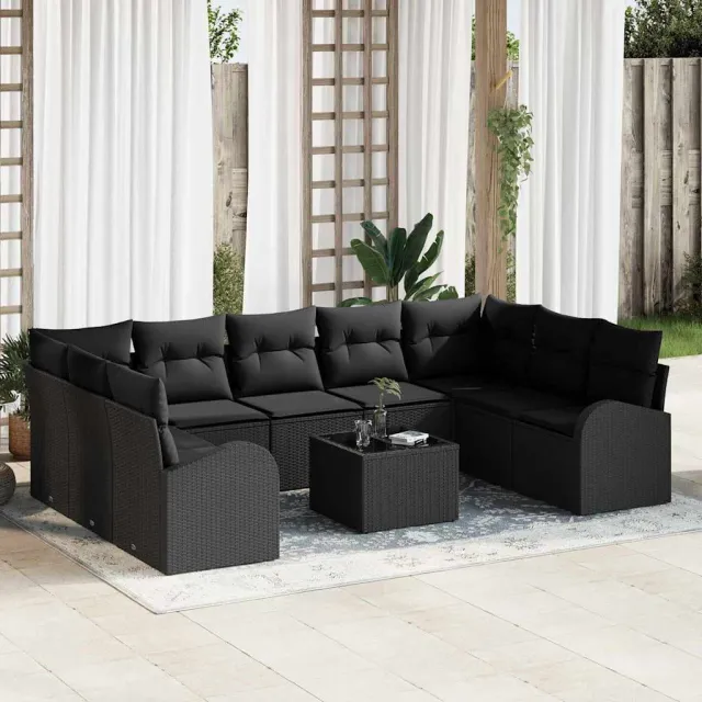 vidaXL Bankstel 10 st 9-zits Zwart poly rattan, foto 2