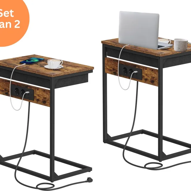Signature Home Mongolia Bijzettafel - Laptoptafel met laadstation - Nachtkastje Set Van 2 - Banktafel met lade - Laptop tafel Industriële - Bruin Zwart - 55x35x66 cm Bruin - Zwart