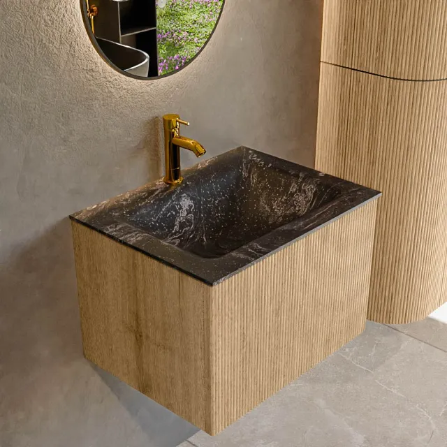 Mondiaz KURVE-DLUX 60 cm Onderkast Greeploos 1 Lade Zonder Deuren Oak, Wastafel Solid Surface Midden Lava 1 Kraangat Zonder Spiegel (KRVCLO601L0D1KM-Oak/Lav)