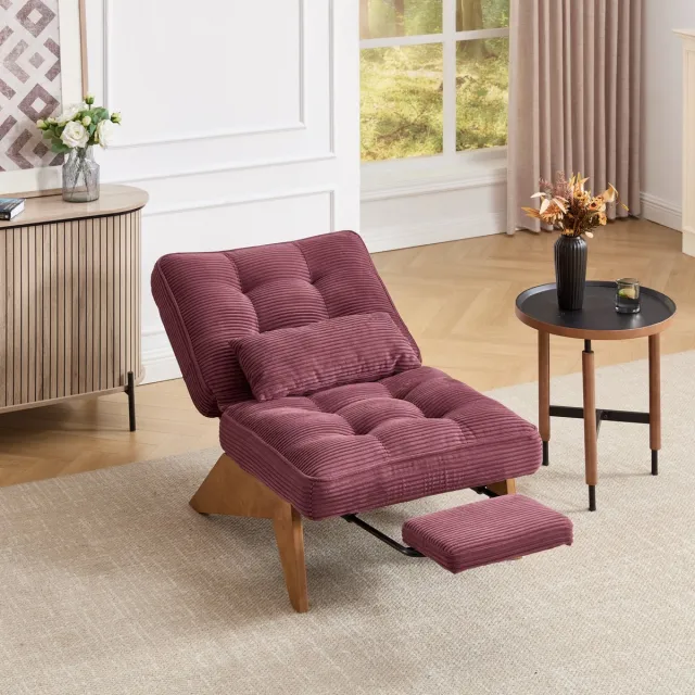 Sweiko Fauteuil - Met voetensteun - Verstelbare rugleuning - Corduroy - Houten frame - Bordeauxrood