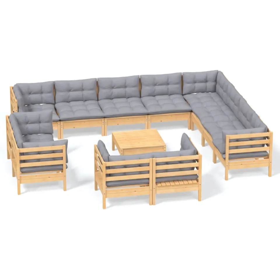 vidaXL 13-delige Loungeset met grijze kussens massief grenenhout Grijs