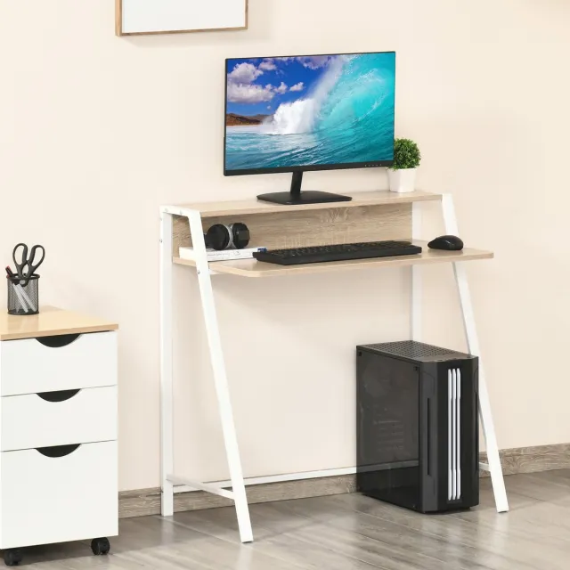 COVREO Bureau 84 x 45 x 85 cm wit en eiken, MDF met metaalframe en opbergvak