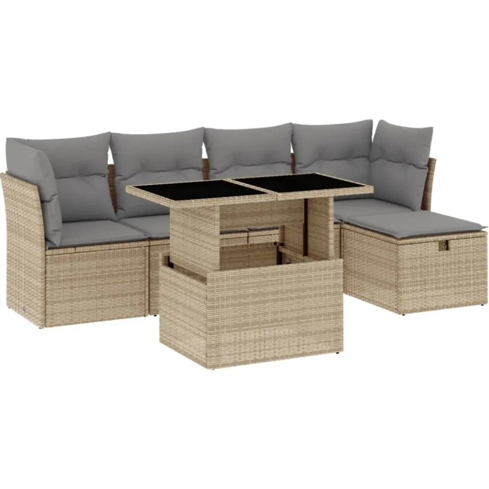 vidaXL 6-delige Loungeset met kussens poly rattan beige, foto 3