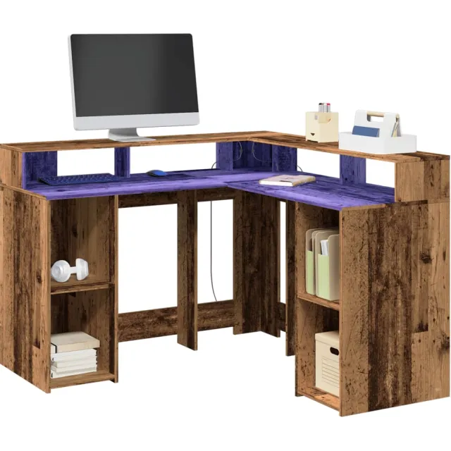 vidaXL Bureau met LED-verlichting 130x130x91 cm bewerkt hout oud hout Bruin