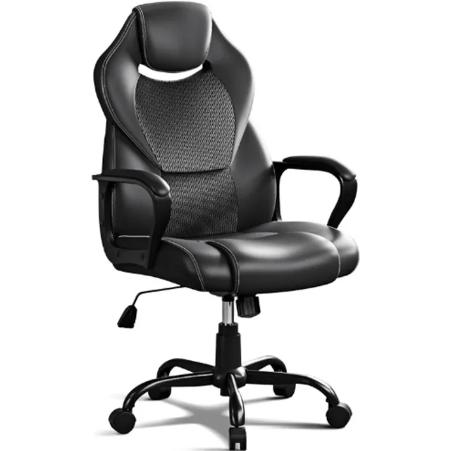 BASETBL® Bureaustoel, directiestoel, 150 kg, bureaustoel, bureaustoel, gamingstoel, ergonomisch PU-leer, pc-stoel, draaistoel met zachte gevoerde armleuningen, kantelfunctie, zwart