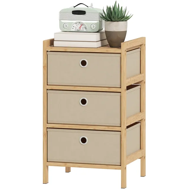 ECTEATOY Nachtkastje - Ladekast met 3 Stoffen Laden - 33x29x55 cm - Voor Slaapkamer & Woonkamer - Bamboe - Natuurlijk