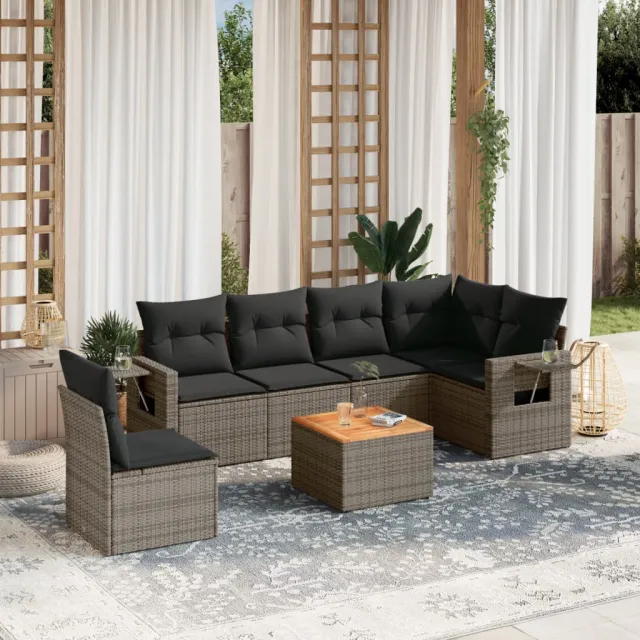 vidaXL 7-delige Loungeset met kussens poly rattan grijs, foto 2