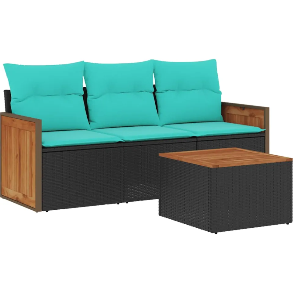 vidaXL 4-delige tuinbankset met kussens, zwart polyrotan, foto 3