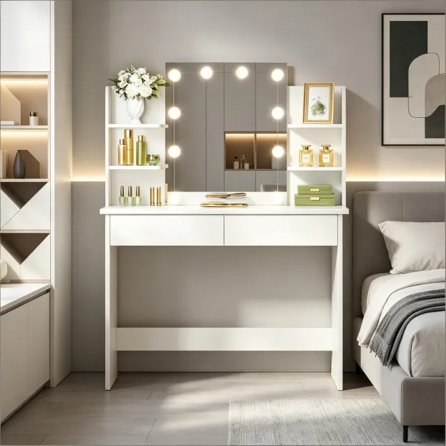 Zubaliya Kaptafel met LED-spiegel en 2 lades - wit - 90 x 40 x 135 cm