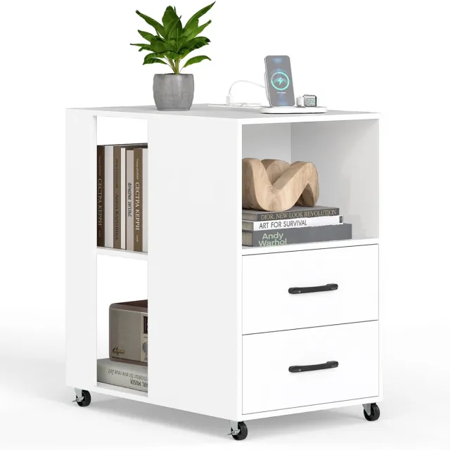 Costway Bijzettafel met wieltjes, nachtkastje met stopcontacten & 2 laden & open planken, nachtkastje voor slaapkamer, woonkamer, kantoor, 60 x 40 x 65,5 cm (wit)