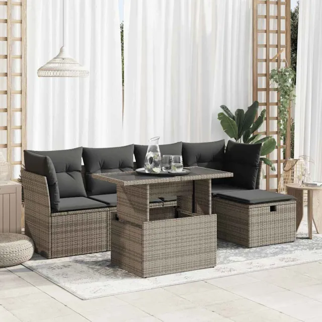 vidaXL 6-delige Loungeset met kussens poly rattan grijs, foto 2