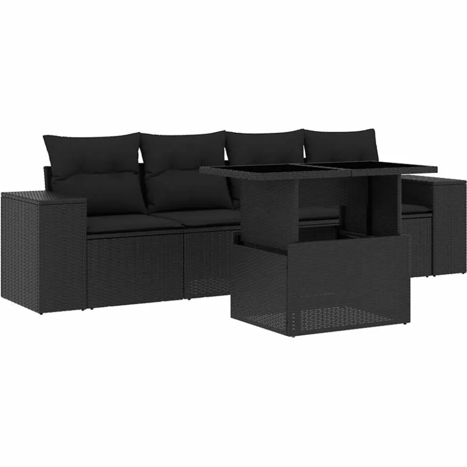 vidaXL 5-delige Loungeset met kussens poly rattan zwart, foto 3