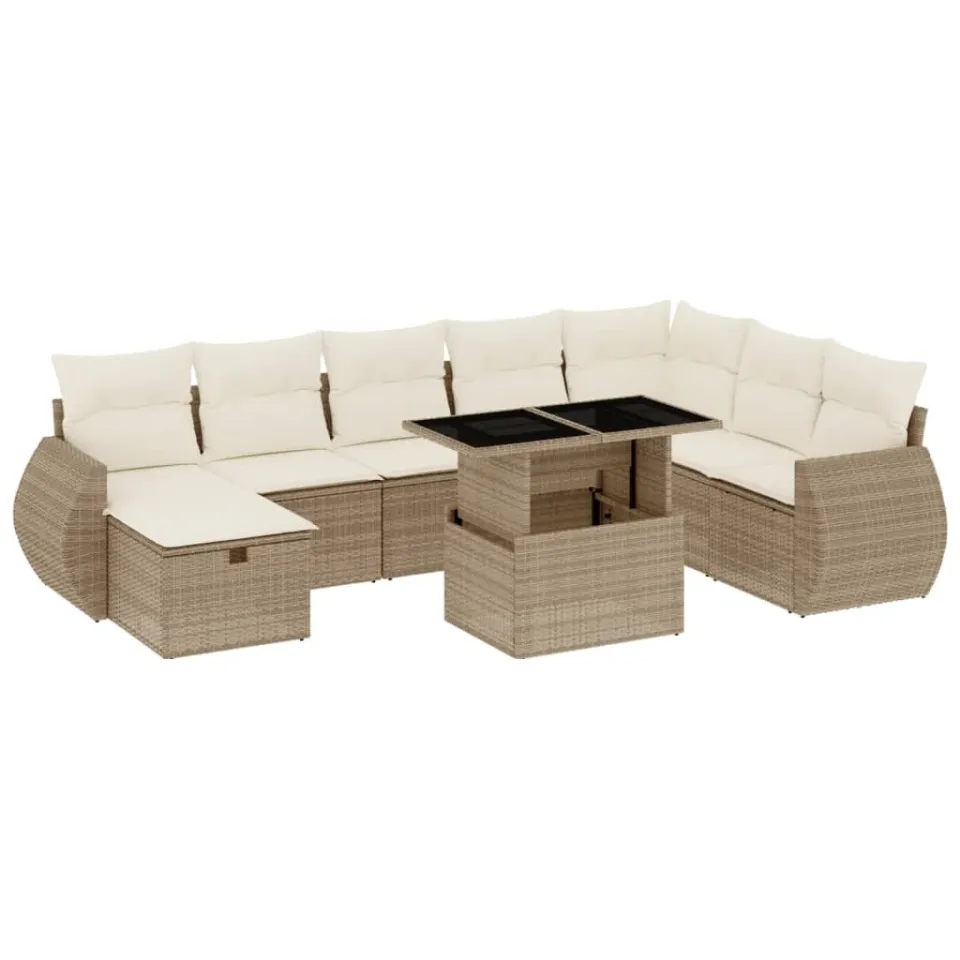 vidaXL 9-delige Loungeset met kussens poly rattan beige