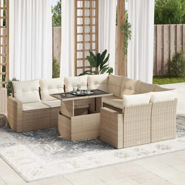 vidaXL 9-delige Loungeset met kussens poly rattan beige, foto 2