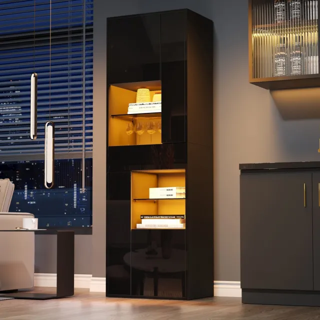 MEUNIQ vitrinekast 55 x 38 x 170 cm met 1 lade, 4 kastvakken, verstelbare legplanken, glazen displayvakken en ledverlichting voor woonkamer, zwart