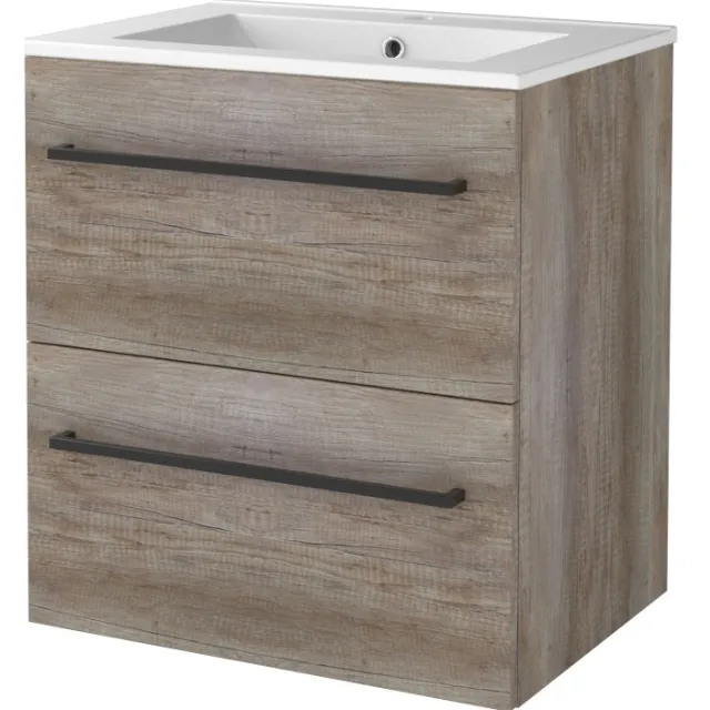 Boss & Wessing Badmeubelset BWS Salt 60x46cm Met Grepen 2 Lades Met Wastafel 1 Kraangat Scotch Oak Bruin