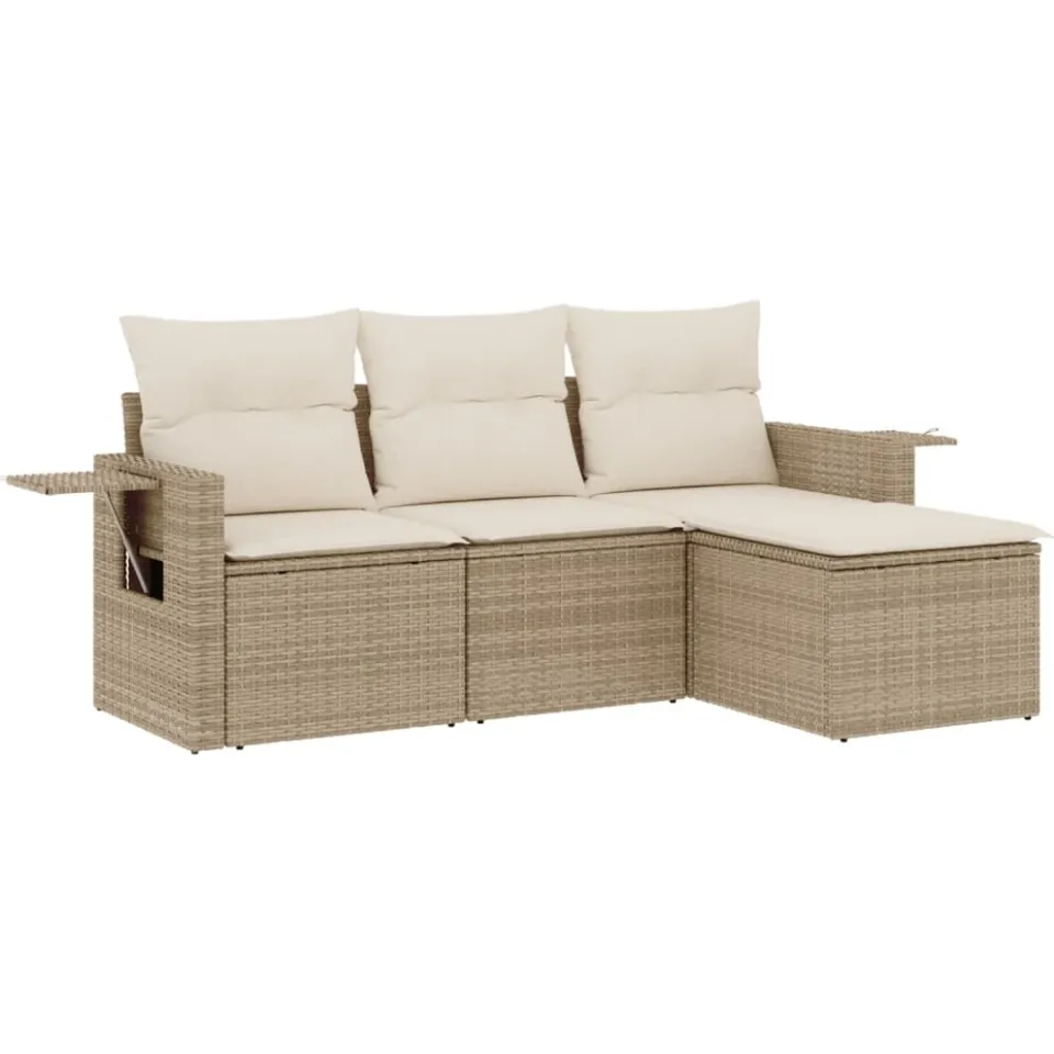vidaXL 4-delige Loungeset met kussens poly rattan beige, foto 4