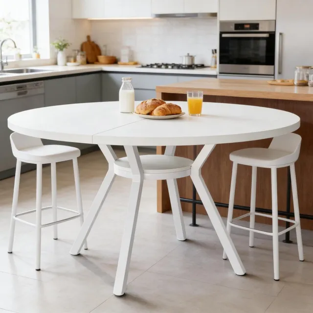 FloraGrace Eettafel - Ronde Keukentafel Voor 4 Tot 6 Personen - Modern Voor Eetkamer Keuken Of Ontvangstruimte - Metaal En Hout - 120 Cm - Wit White