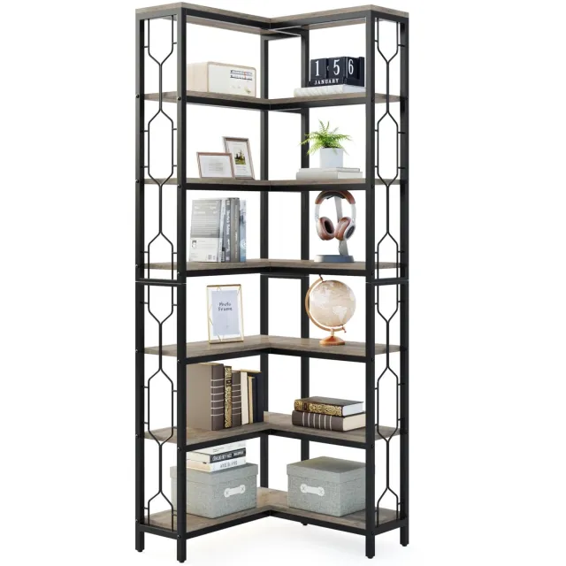 NordHaus Hoekboekenkast Industrieel – 7-Laagse Hoekboekenplank – Open Hoekkast met Metalen Frame – Opbergrek voor Woonkamer – Grijs – 60 x 60 x 200 cm