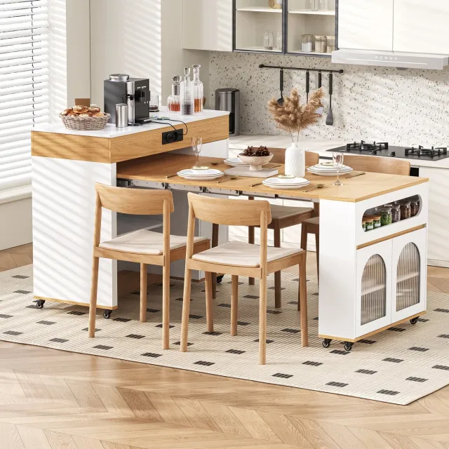 MEUNIQ uitschuifbare keukentafel en keukeneiland met wielen, stopcontacten, glazen deuren, lade en opbergruimte voor keuken en eetkamer, wit en naturel
