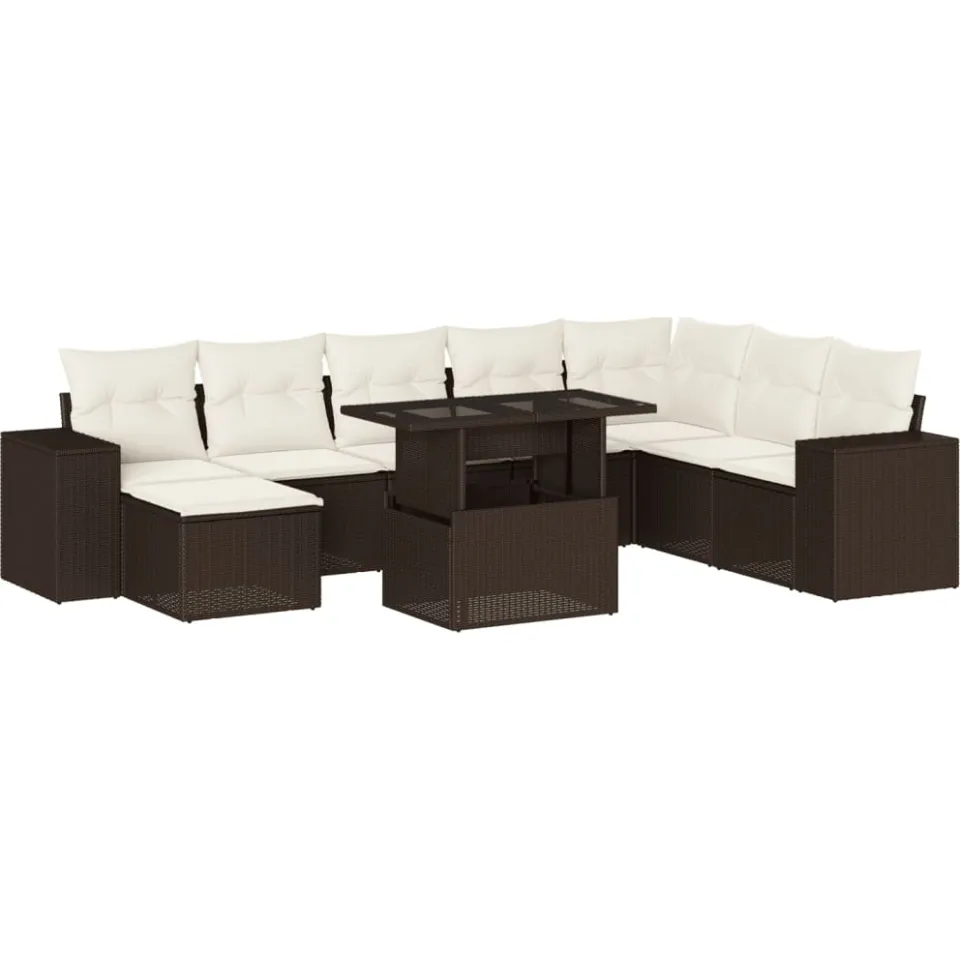 vidaXL 9-delige Loungeset met kussens poly rattan bruin