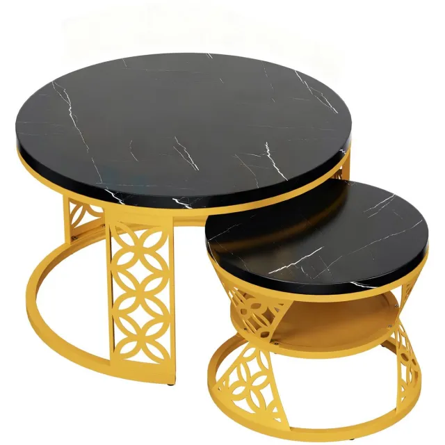 MODFU Salontafel 70x70x45 & 45x45x37 cm – Ronde set van 2 met marmeren patroon – Nestbaar & ruimtebesparend – Goudkleurig metalen frame – Moderne woonkamer tafel Zwart
