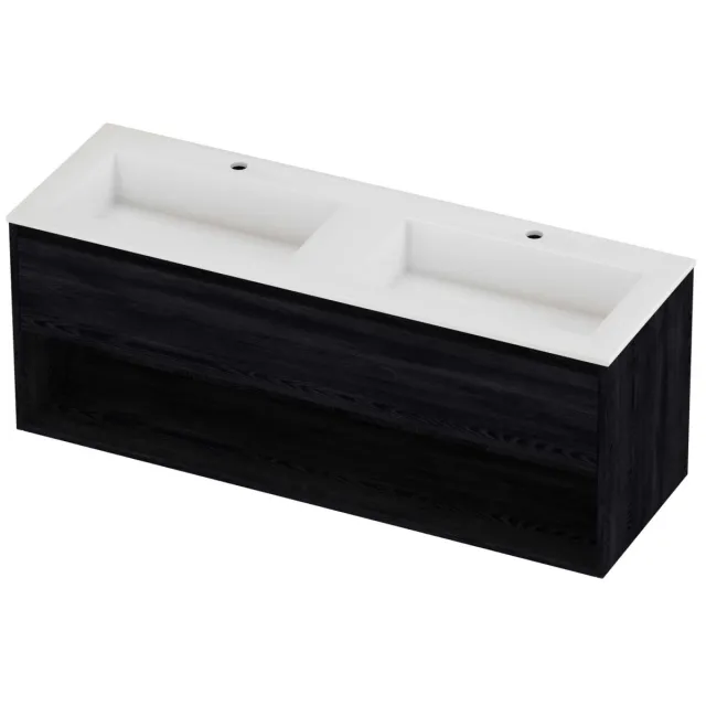 Proline Aristo Badmeubelset Polystone Elegant Schap 140x46x54 cm Glans Wit Black Oak Eiken
