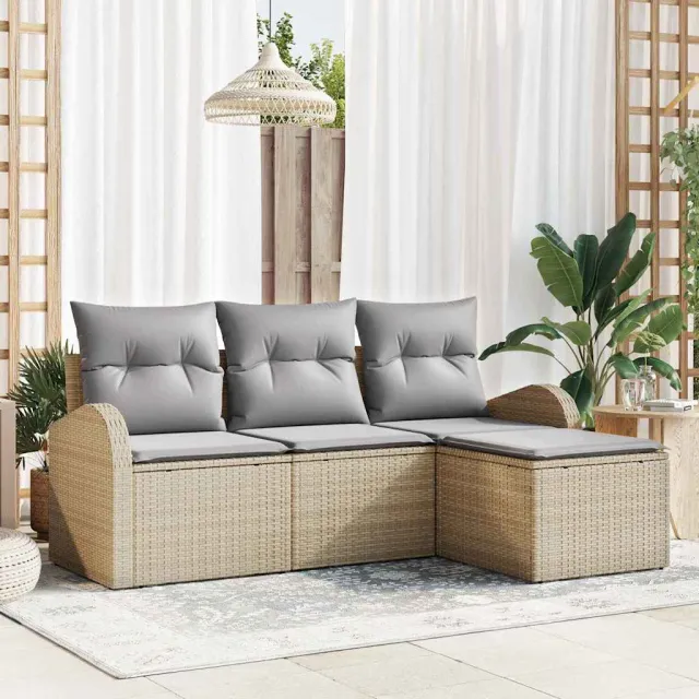 vidaXL Bankstel 4 st Beige en Licht Grijs poly rattan, foto 2