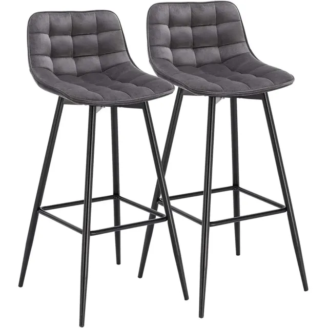 Klarven Barkrukken set van 2 Fluweel donkergrijs - Met ergonomische rugleuning - Kunstleer zit, stevig metalen frame, antislip poten - Zithoogte 64 cm, totaalhoogte 88 cm