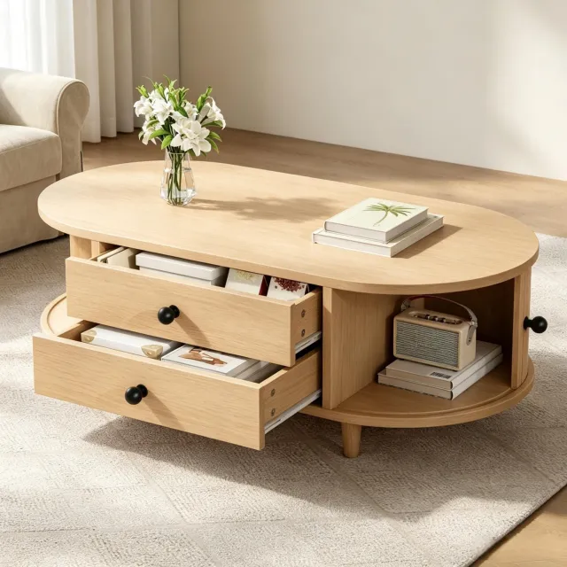 Maisentiel Ovale salontafel 100 x 50 x 36 cm met 2 lades en roldeuren - MDF, licht hout